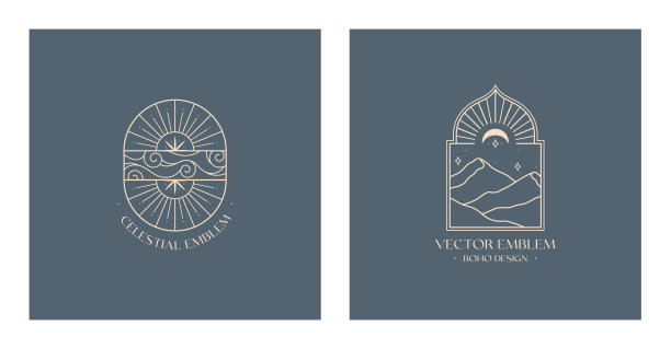 向量线性波西米亚标志与山景观;太阳和天空的概念图片下载