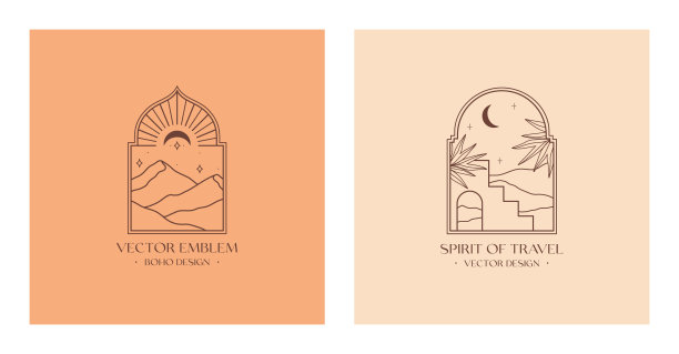 向量线性波西米亚标志与抽象的山脉景观在摩洛哥的窗户图片下载