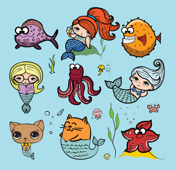 可爱的猫狗美人鱼在海里钓鲸鱼图片下载