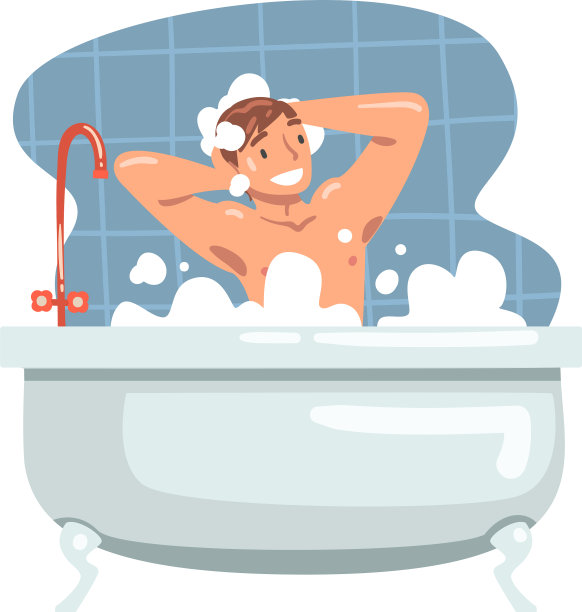 年轻男子在浴缸里洗头图片下载