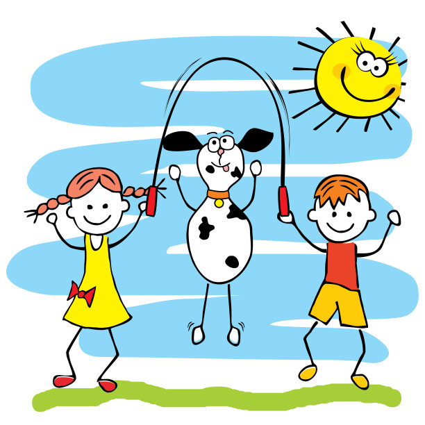 孩子狗和跳绳太阳图片下载