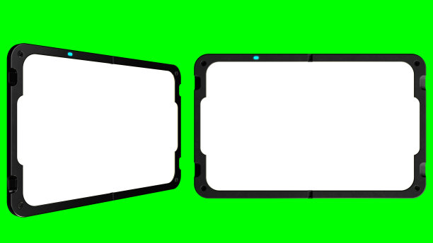 未来设备发明模型概念，科幻外观热摄像机或先进的位置跟踪设备，绿色背景和不同角度的白屏平板电脑，3d渲染图片下载