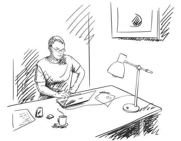 在家里用笔记本电脑工作的速写男图片下载