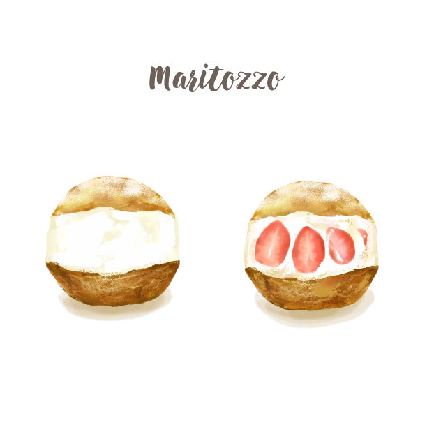 手绘水彩插图的意大利甜点Maritozzo，奶油填充糕点在日本很受欢迎。图片下载