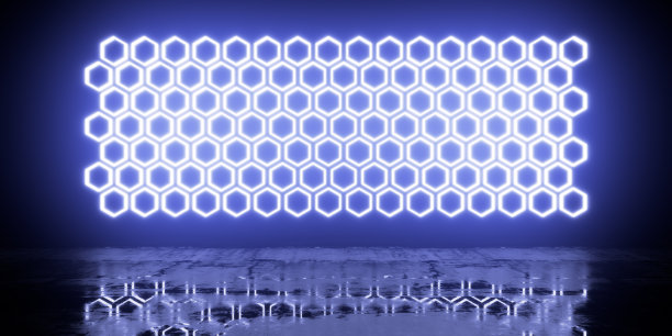 在潮湿的沥青上反光的发光的六边形背景。三维可视化图片下载