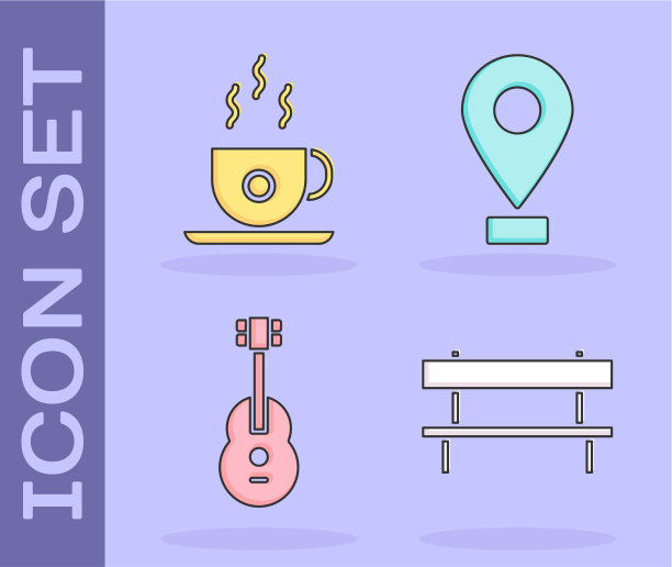 设置长凳咖啡杯吉他和位置图标图片下载