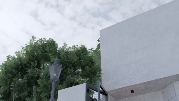 在一个明亮而清新的早晨，用现代实业家的概念拍摄的房子里晴朗的天空和一些植物和树木图片下载