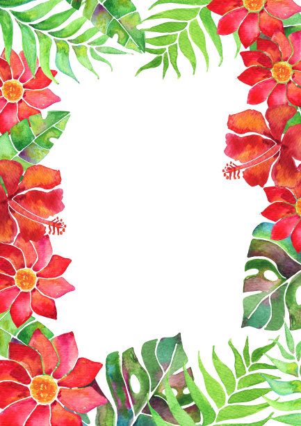 水彩卡片安排热带的叶子和花朵图片下载