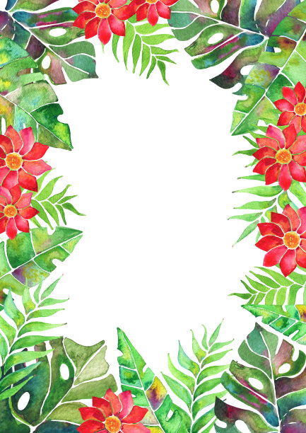 水彩卡片安排热带的叶子和花图片下载
