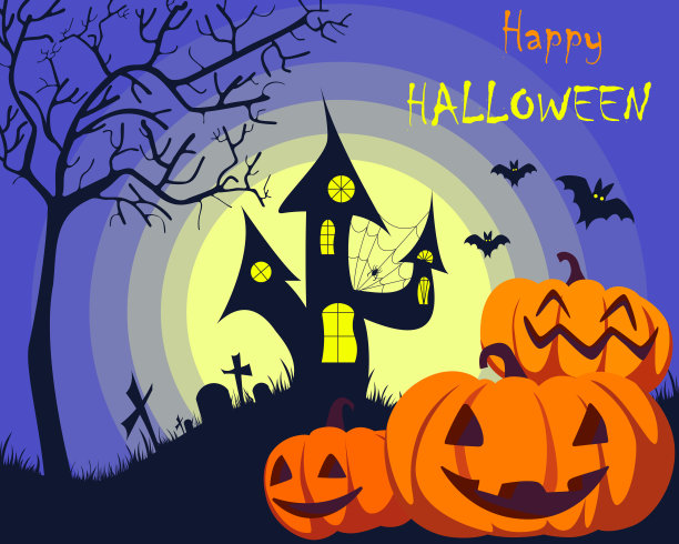 万圣节南瓜和黑暗城堡与发光的窗户背景的月亮和蓝天，矢量插图。图片下载