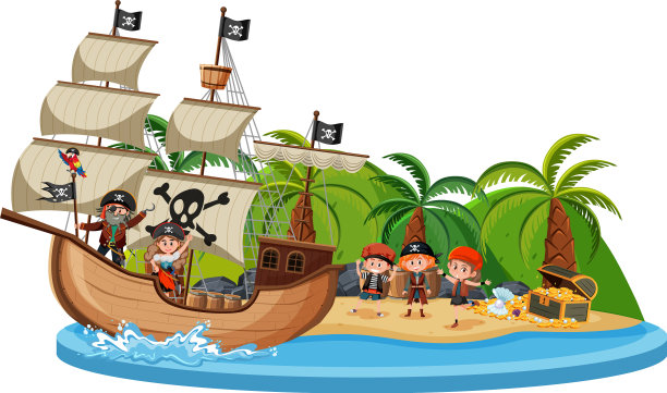 岛上有一艘海盗船，船上有许多被孤立的孩子图片下载