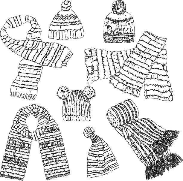设置各种针织围巾和帽子的轮廓图片下载