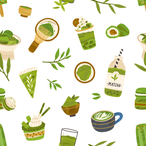 无缝图案与绿色抹茶叶食品图片下载
