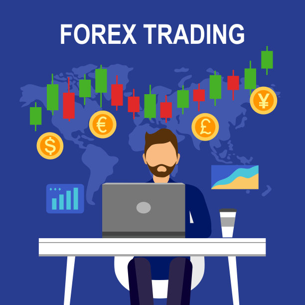 外汇交易概念矢量插图。投资者交易外汇通过笔记本电脑与烛台图形和货币硬币在平面设计。图片下载