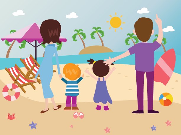 快乐的四口之家在海滩2d卡通图片下载