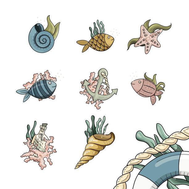 海产的贝壳和鱼。收集海底动植物设计元素。彩色平面矢量插图上的白色图片下载