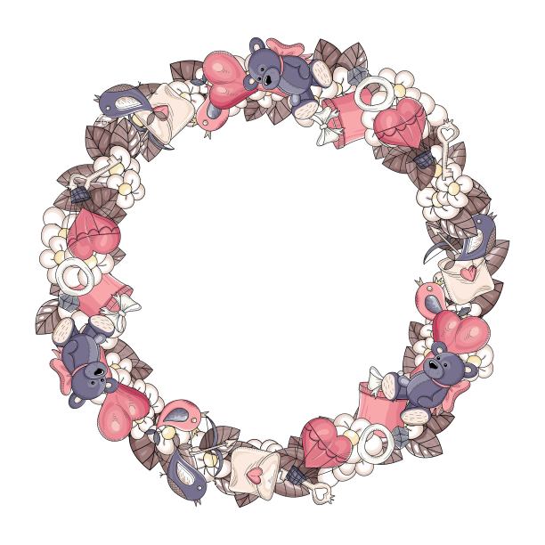 明亮的美丽的花环。框架是装饰性的圆形。情人节的元素。独特的设计贺卡，横幅，传单。所有对象都是分离的。向量。手绘图片下载