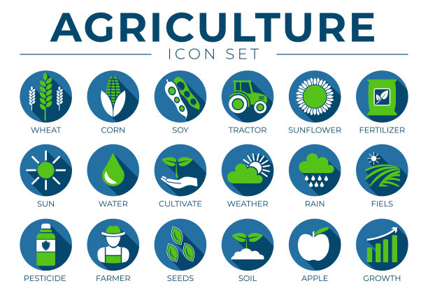 蓝色农业圆形图标套小麦，玉米，大豆，拖拉机，向日葵，肥料，太阳，水，耕作，天气，雨，田地，农药，农民，种子，土壤，苹果，生长图标。图片下载