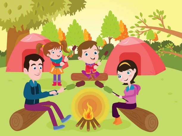 一家四口露营2d卡通可爱图片下载