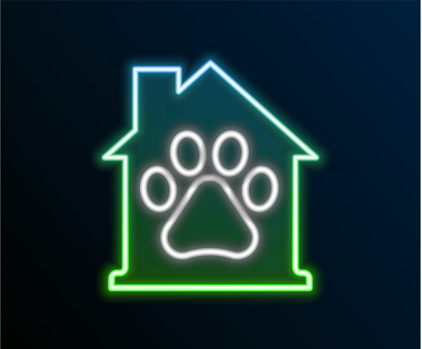 发光的霓虹灯线宠物屋图标孤立在黑色图片下载