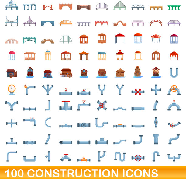 100个建筑图标设置卡通风格图片下载