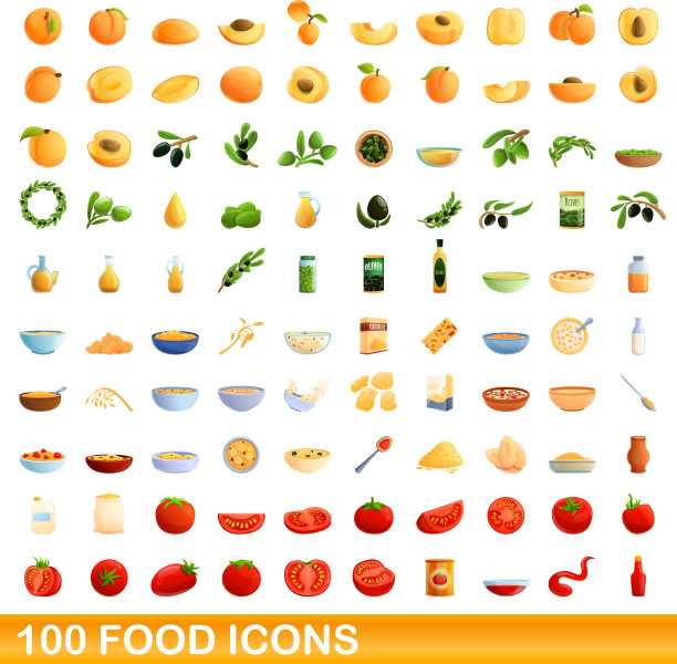 100个食物图标设定卡通风格图片下载