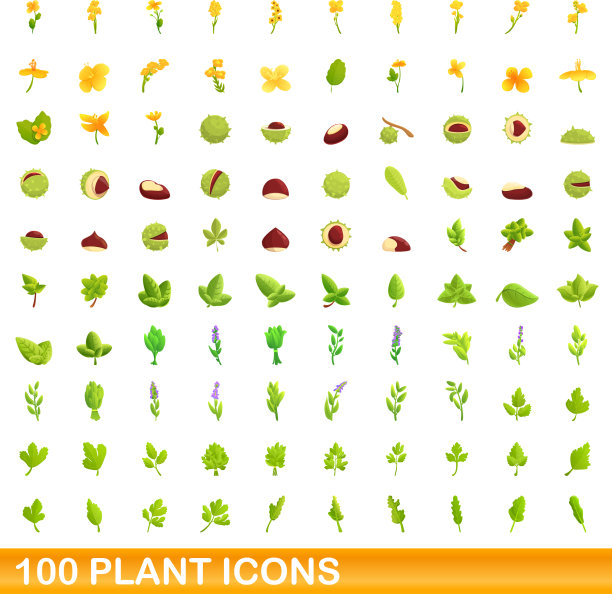 100个植物图标设定卡通风格图片下载