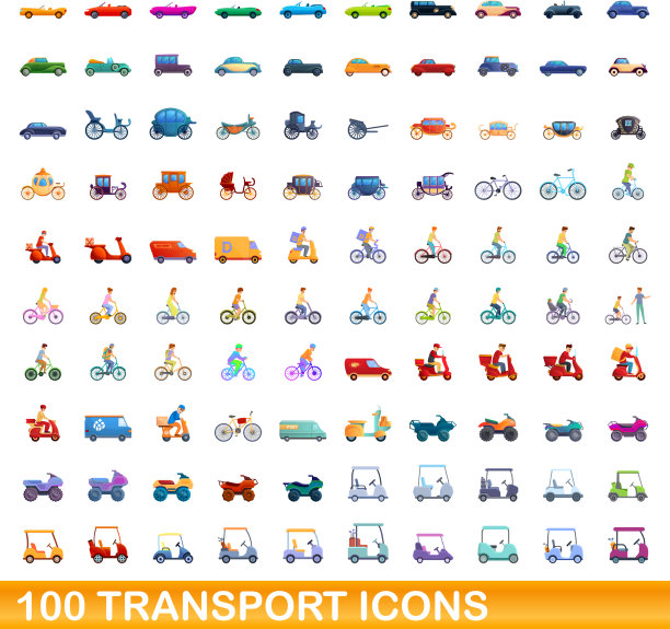 100个运输图标设置卡通风格图片下载