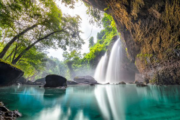 看不见的考艾国家公园，泰国。旅游生态旅游。泰国考艾国家公园热带森林中的瀑布。从洞内看瀑布。图片下载