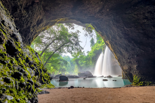 看不见的考艾国家公园，泰国。旅游生态旅游。泰国考艾国家公园热带森林中的瀑布。从洞内看瀑布。图片下载