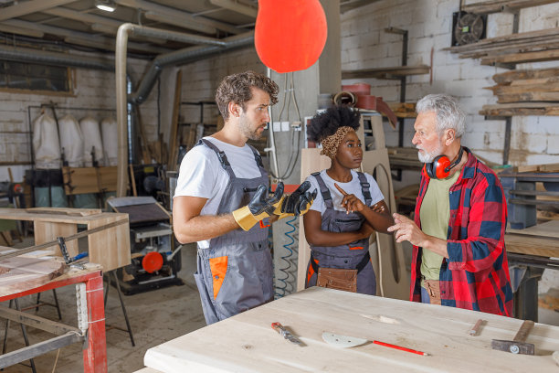 一群多文化木匠在车间工作时发生了分歧。图片下载