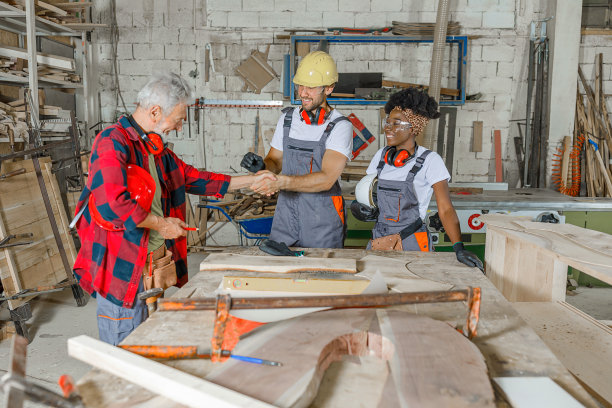 非洲女木匠和她的两个男同事在达成协议后站在车间微笑。图片下载