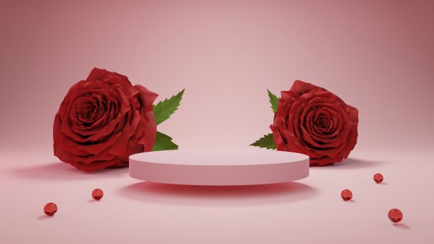 3D渲染玫瑰花背景红色几何形状讲台产品展示，最小的概念，高级插图粉彩花卉元素，美容，化妆品，情人节。图片下载