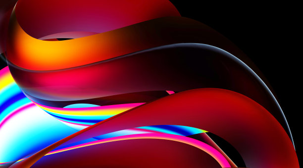 抽象艺术的3d渲染3d背景与超现实的装饰条纹曲线波浪螺旋线形成的哑光金属材料在橙色和紫色渐变颜色与发光的蓝色和白色部分图片下载