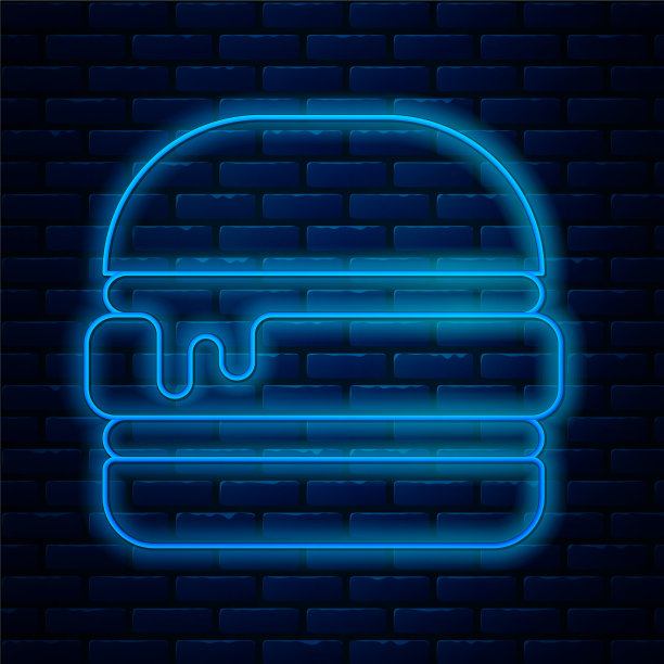 发光的霓虹灯线汉堡图标孤立在砖图片下载