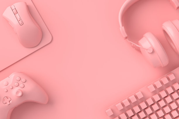 俯视图玩家的工作空间和齿轮，如鼠标，键盘，操纵杆，耳机图片下载