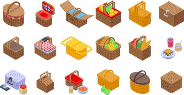 野餐篮图标设置等距风格图片下载