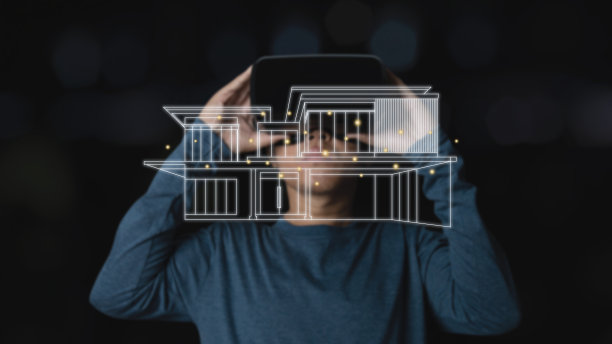 年轻人使用虚拟现实耳机与素描家。房地产投资与VR、未来、科技在线概念。图片下载