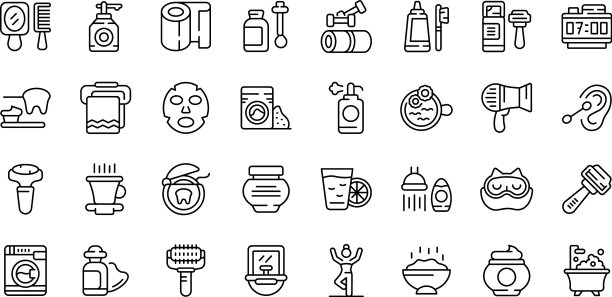 晨间护理图标设定了轮廓风格图片下载