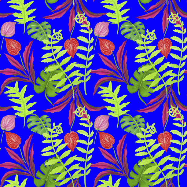 插图热带植物叶片绘制绿色，怪兽，蕨类，龙菖蒲叶和花卉无缝图案在蓝色背景上纺织织物印刷，壁纸图片下载