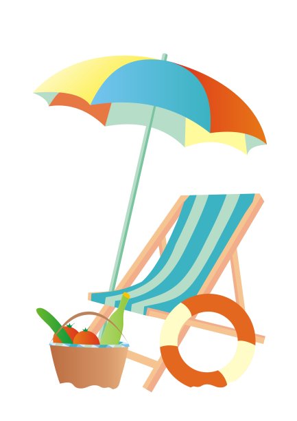 沙滩伞，躺椅，篮子和游泳圈，eps。图片下载