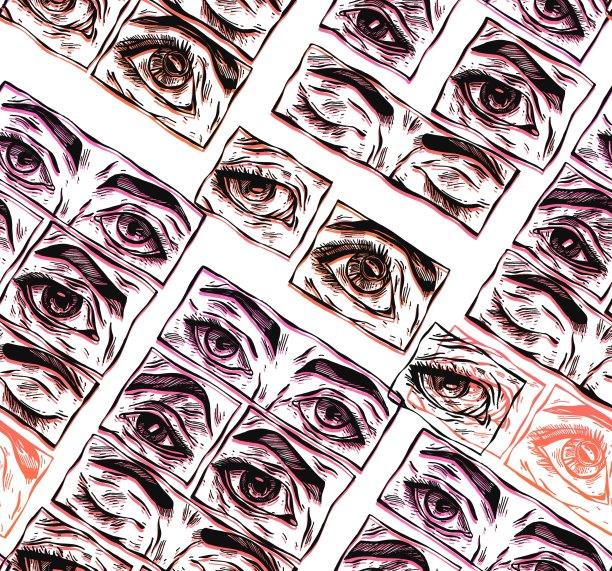 手绘矢量抽象平面股票图形图标插图草图无缝模式与女性神秘的眼睛和简单的纹理拼贴形状孤立在白色背景。图片下载