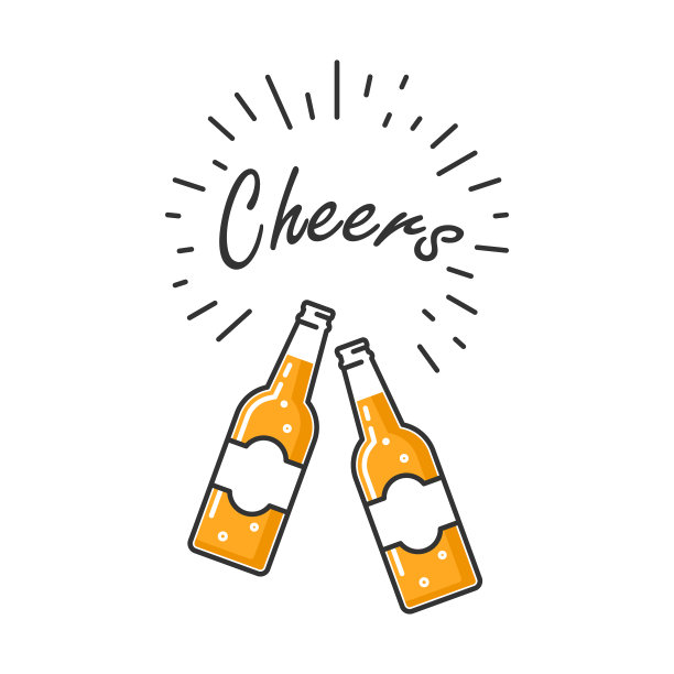 两瓶啤酒，白色背景上写着heers。图片下载