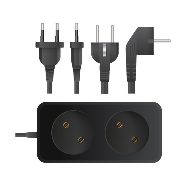 两个插座的黑色延长线。便携式套接字。一套插座插头。现实的风格。向量。图片下载