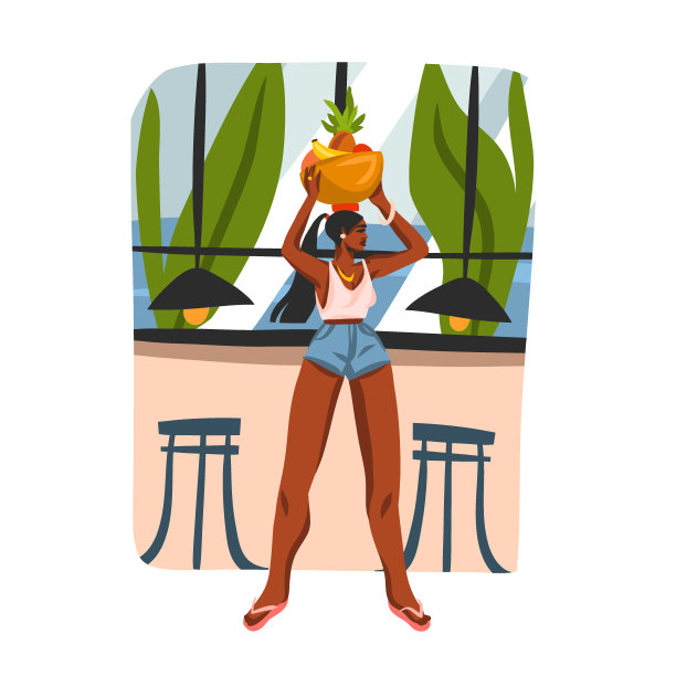 以年轻快乐的黑人美国美女手绘矢量抽象图形插图，在白色背景上孤立的城市咖啡馆里头顶一篮水果。图片下载