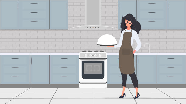 女厨师手里拿着一个带圆盖的金属托盘。穿着厨房围裙的女孩。女服务员。向量。图片下载