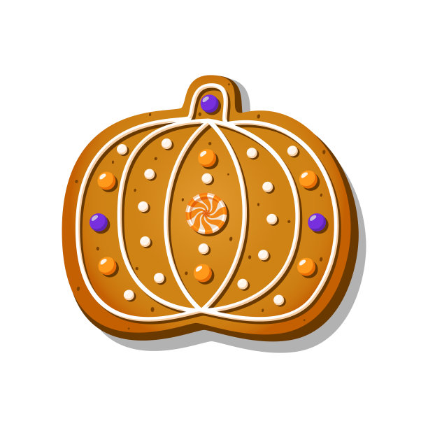 万圣节姜饼曲奇在可爱的南瓜形状与糖霜孤立在白色的背景。传统节日自制糖果。矢量图图片下载