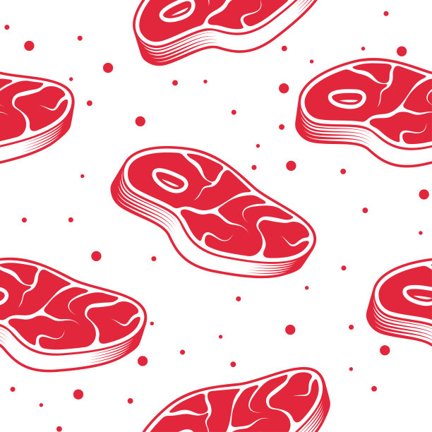 无缝模式与肉牛排。牛排生肉食物放在白色的背景上。图片下载
