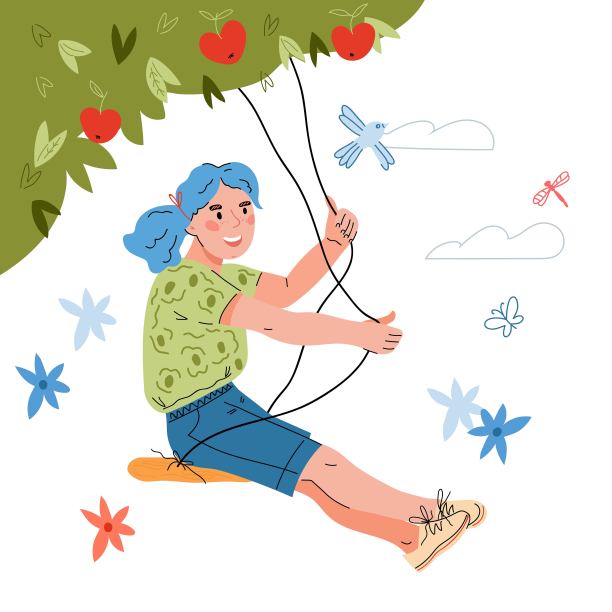 可爱的小女孩在树下荡秋千，平面矢量插图孤立。图片下载