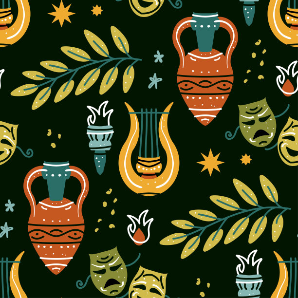 无缝图案与古董双耳罐，竖琴，橄榄枝，火炬，面具图片下载